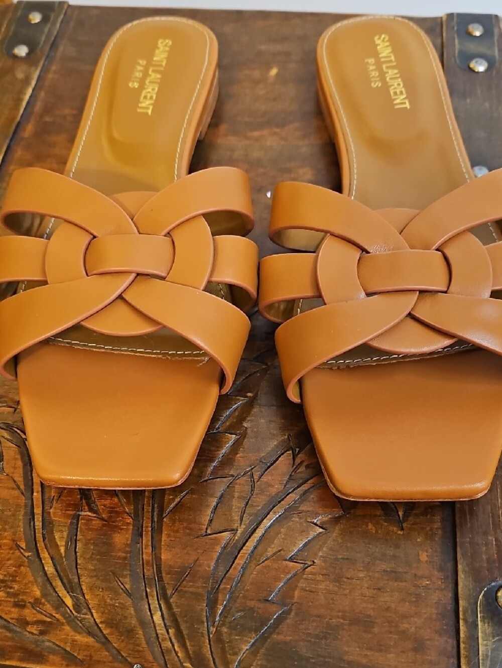 Cognac Leather Knot Tribute Slide Sandals - Picture 6 of 11